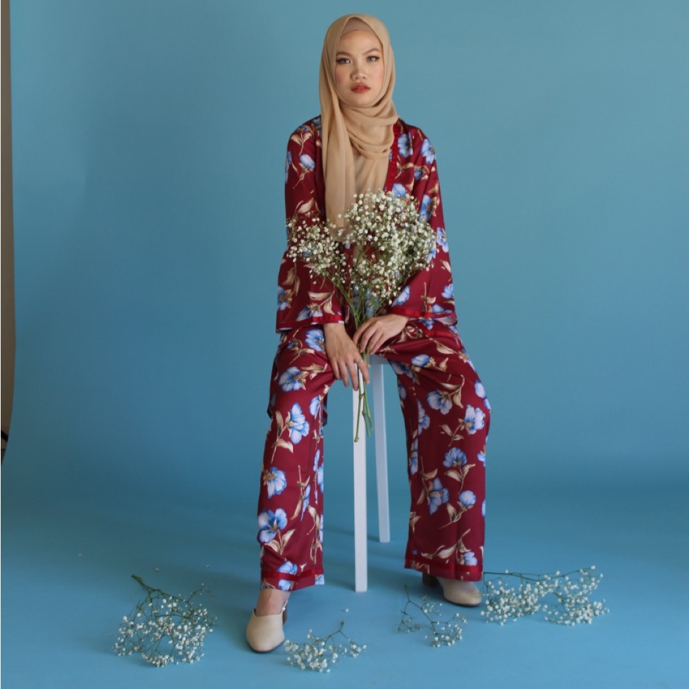 Maroon Floral Pajama midi cardigan and pant set - Picture 2 of 3